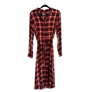 Buffalo Plaid Flannel Button Down Shirt Dress Midi Belted Pockets | Size M